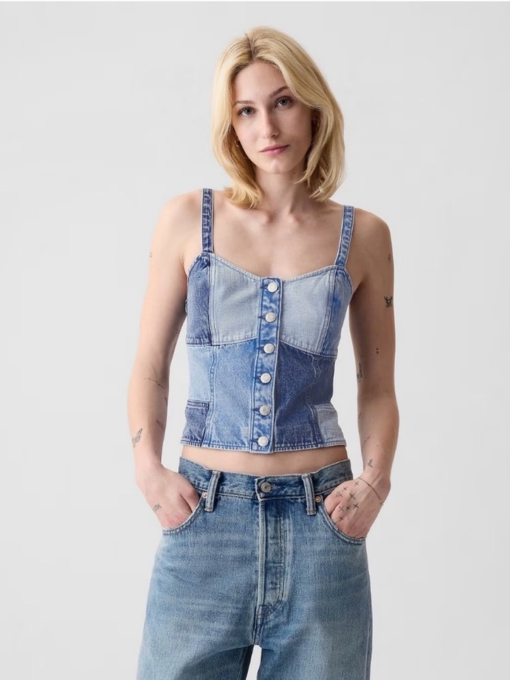 GAP Light & Medium Blue Denim Button-Front Tank
